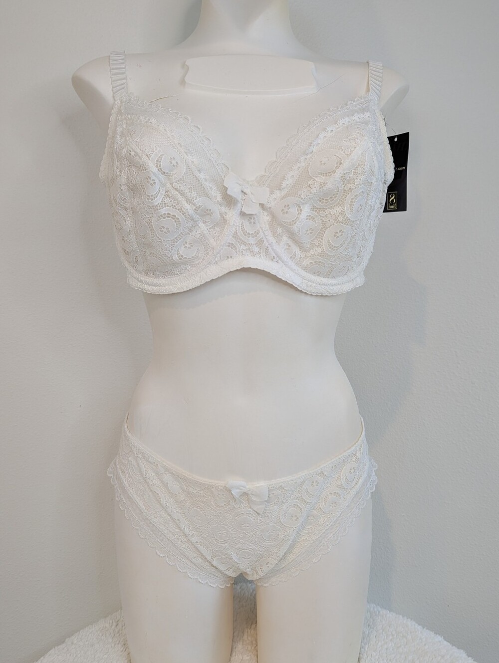 Huit Miss Lala Blanc White Floral Lace Bra & Panty Set 36E / L NWT